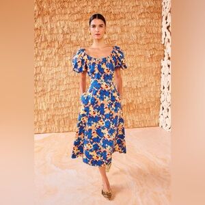 NEW Ulla Johnson Imara Blue Floral Cotton Short Sleeve Midi Dress | size 2